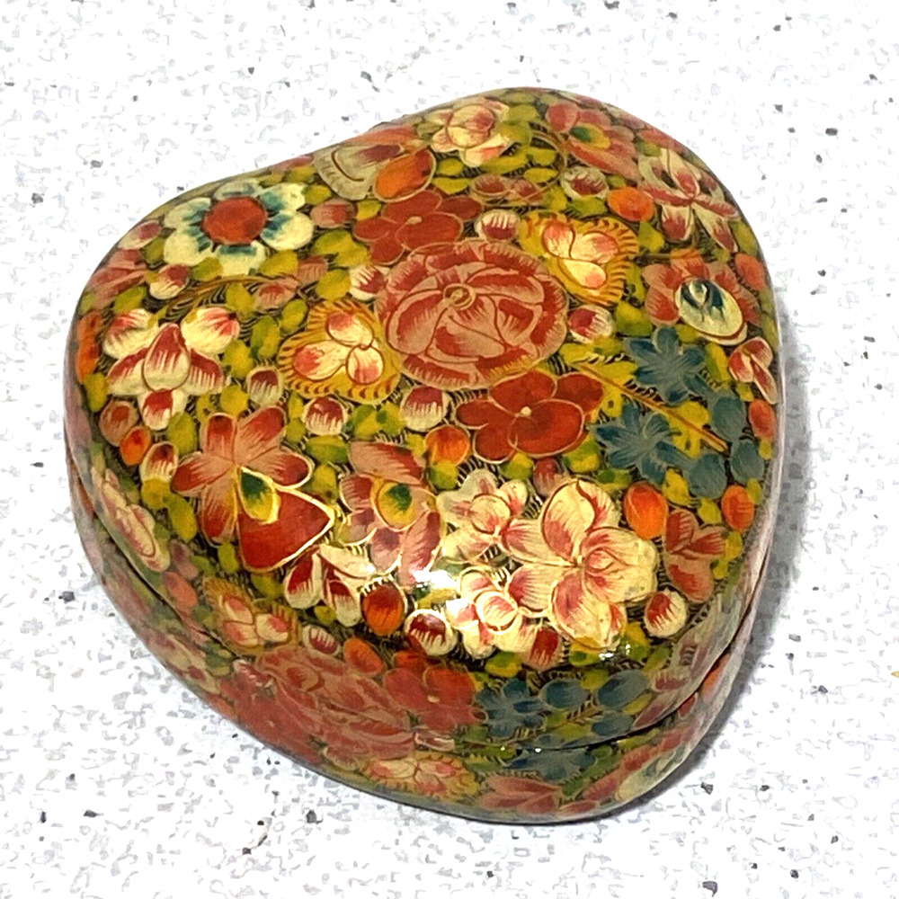 Heart shaped trinket box black lacquerware and floral decoupage keepsake holder